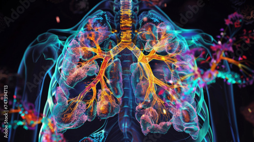 A CT scan image of a patients chest with AIenhanced imaging allowing for the detection of early stage lung cancer and other respiratory diseases.