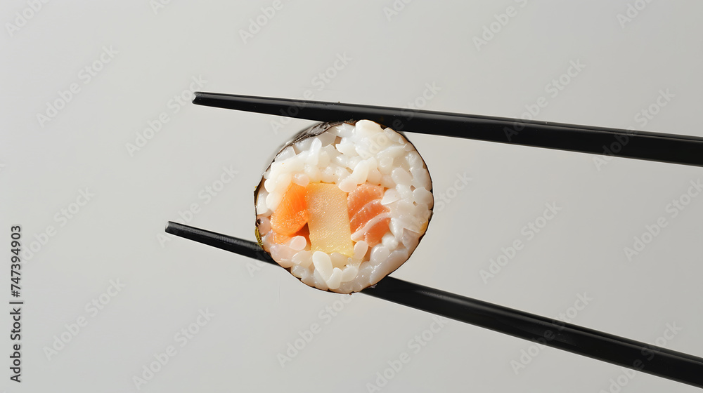 Sushi and chopsticks on a plate with salmon and rice, representing Japanese cuisine and traditional Asian meal Sushi and chopsticks on a plate with salmon and rice, representing Japanese cuisine and traditional Asian meal