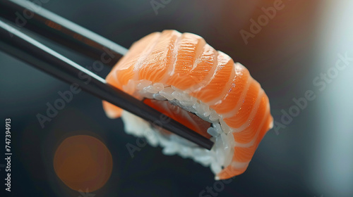 Sushi with chopsticks, isolated on a black plate