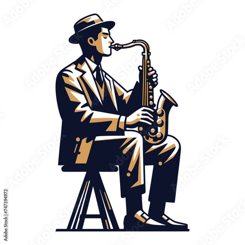 Musician playing saxophone, music player performing solo, holding sax instrument in hands, man saxophonist, jazz and blues performance. Flat vector illustration isolated on white background