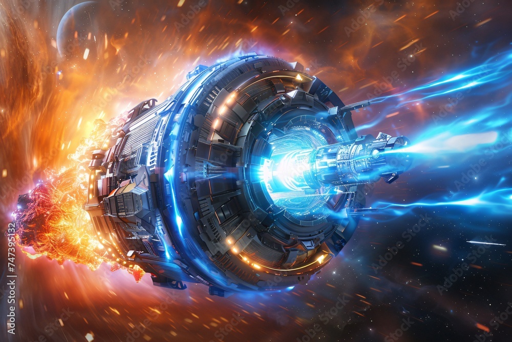 A spacecraft in deep space enveloped in a blue energy shield protecting ...