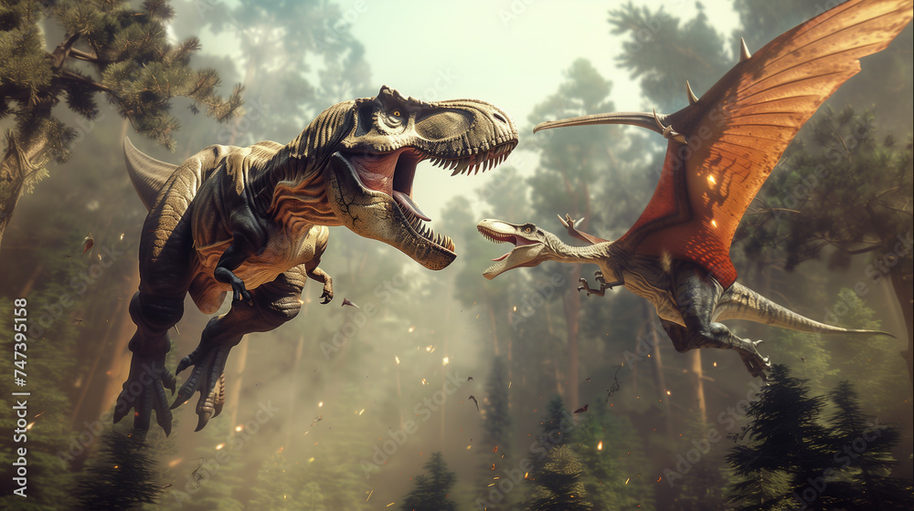 Obraz premium Tyrannosaurus Rex clashing mid-air with a Pteranodon