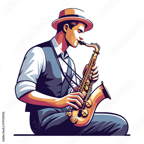 Musician playing saxophone, music player performing solo, holding sax instrument in hands, man saxophonist, jazz and blues performance. Flat vector illustration isolated on white background