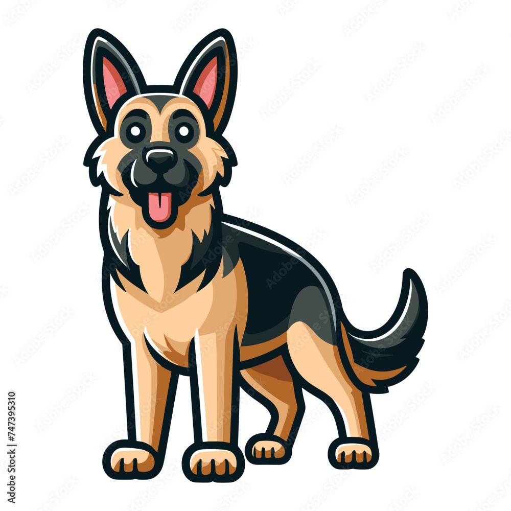 Obraz premium German shepherd dog cartoon mascot character vector illustration, cute adorable family pet, friendly dog full body design template isolated on white background