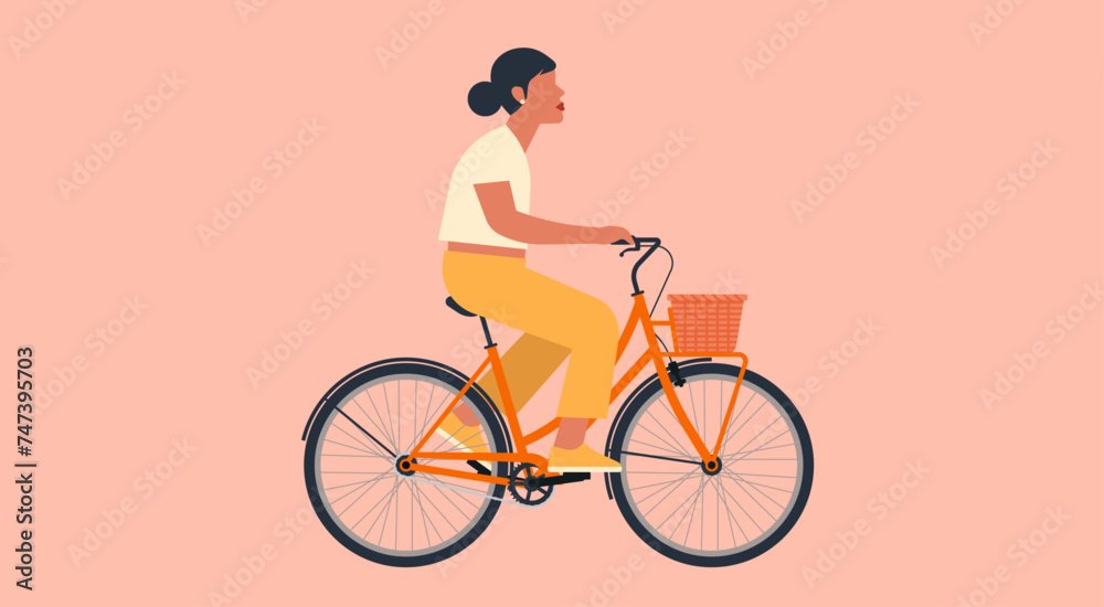 Young Woman Ride a Bicycle for Healthy Wellness, Female Character on Bike, Eco-Friendly, Active Lifestyle and Transport Concept, Vector Flat Illustration Design Young Woman Ride a Bicycle for Healthy Wellness, Female Character on Bike, Eco-Friendly, Active Lifestyle and Transport Concept, Vector Flat Illustration Design