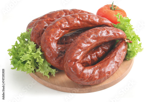 Sausage on the board isolated on the white background