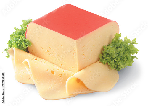 Cheese with lettuce on a white background.Cheese with lettuce on a white background