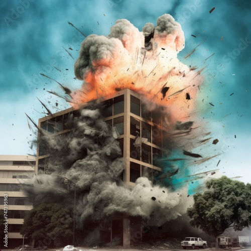 A building is exploding, filling the sky with smoke and chaos photo