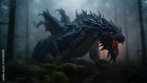 fantasy dragon in a dark forest with fog