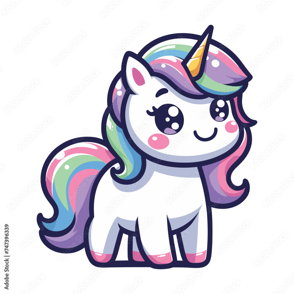 Cute unicorn cartoon character vector illustration, happy adorable magic unicorn with rainbow mane and tail design template isolated on white background Cute unicorn cartoon character vector illustration, happy adorable magic unicorn with rainbow mane and tail design template isolated on white background