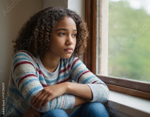 Beautiful African American sad girl sits on windowsill