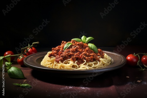 Delicious spaghetti bolognese on a rustic plate against a minimalist or empty room background