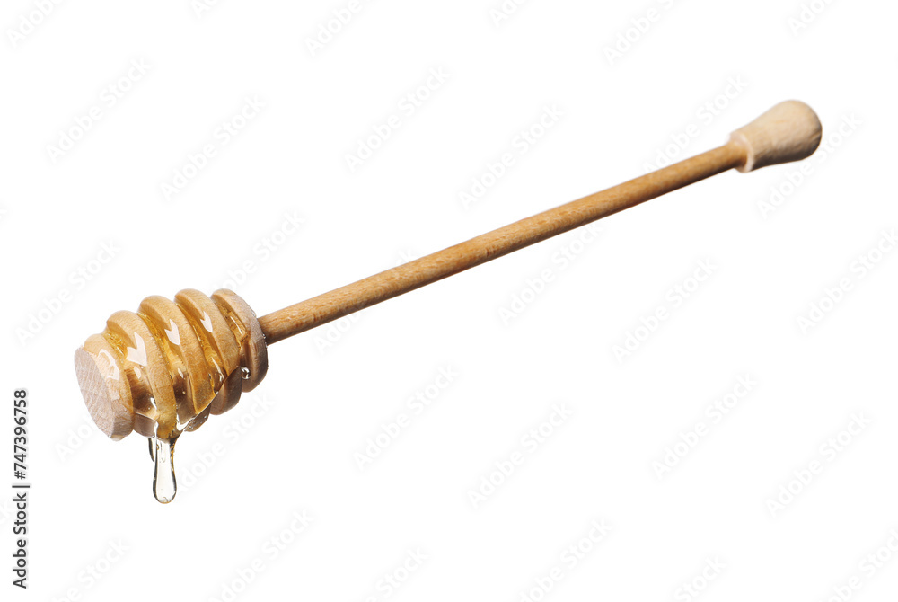 Natural honey dripping from dipper on white background Natural honey dripping from dipper on white background
