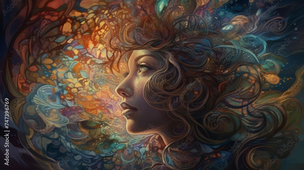 realistic representation of a person surrounded by a symphony of swirling patterns and fractal geometries, creating a contrast between the human figure and the abstract background.