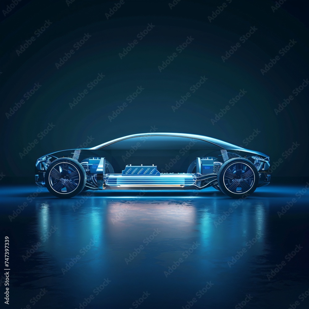 The concept image of an electric vehicle with a transparent body showcasing its innovative blue lit battery and motor technology against a minimalist background with copyspace