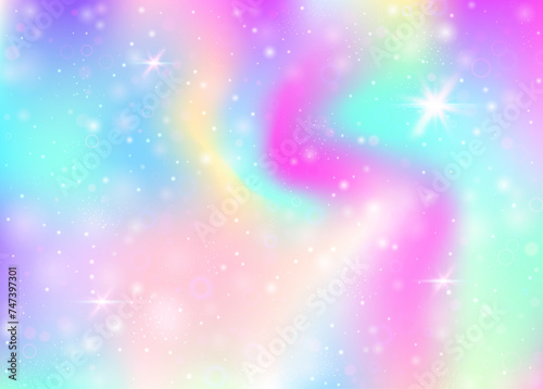 Fairy background with rainbow mesh. Mystical universe banner in princess colors. Fantasy gradient backdrop with hologram. Holographic fairy background with magic sparkles, stars and blurs.