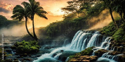 Fantasy landscape with waterfalls, panorama. photo