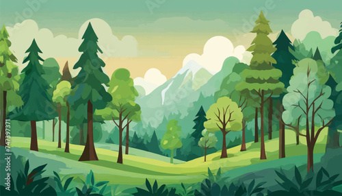 Illustration of a Lush Vector Forest Scene with Diverse Trees, Perfect for Nature Lovers and Environmental Themes. Enhance Your Projects with This Vibrant and Detailed Image. 