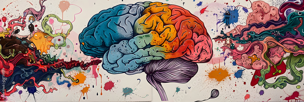An illustration of the human brain depicting the concept of the two parts of the human brain, symbolizing the left brain and right brain functions. - obrazy, fototapety, plakaty 