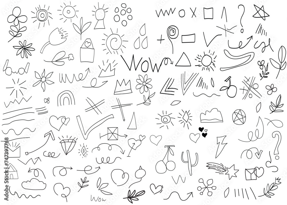 Hand-drawn set elements icon set for concept design. vector illustration. black on a white background. Arrow, hearts, love, star, leaf, sun,  flower, crown,  emphasis, swirl, heart, for concept .