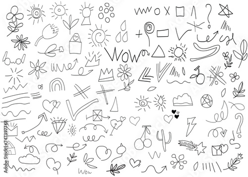 Hand-drawn set elements icon set for concept design. vector illustration. black on a white background. Arrow, hearts, love, star, leaf, sun, flower, crown, emphasis, swirl, heart, for concept .