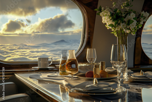 Cloudscape View from Luxury Airplane with Gourmet Table Setting, Fine Whiskey, and Elegant Vase photo