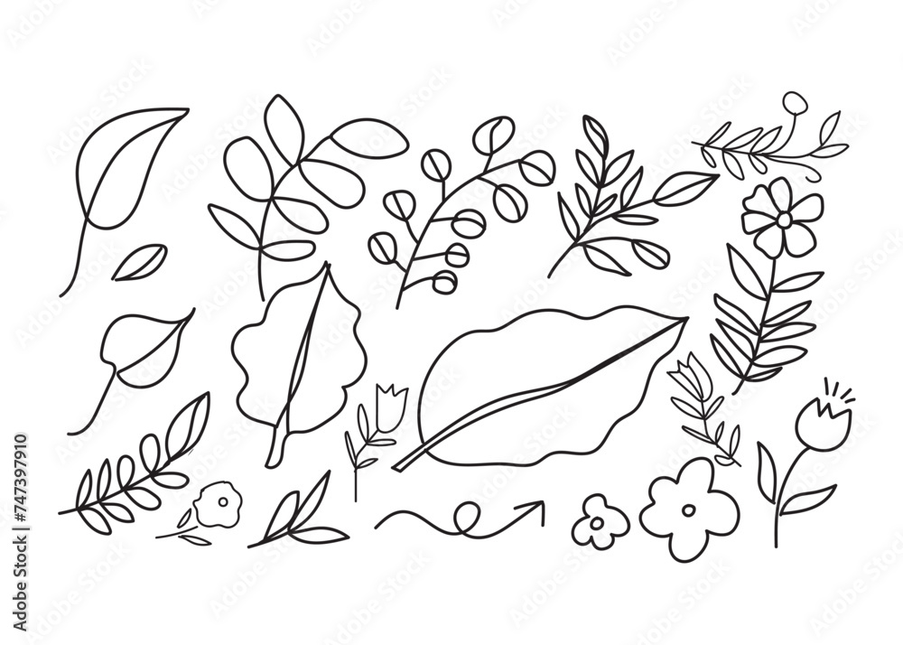 Collection of hand-drawn leaf patterns.