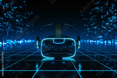 Virtual reality headset glowing with neon blue light set against a dark digital matrix background offering ample copyspace for immersive tech discussions