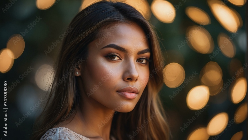 Close-up of a woman's face with a golden bokeh background, highlighting her natural beauty