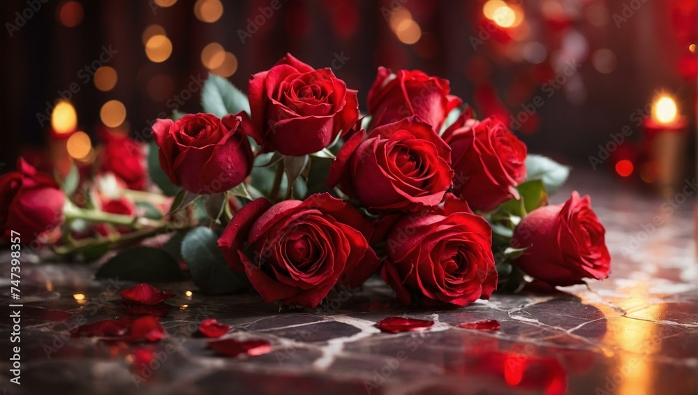 An elegant display of red roses laying on a reflective surface, illuminated by gentle lights An elegant display of red roses laying on a reflective surface, illuminated by gentle lights