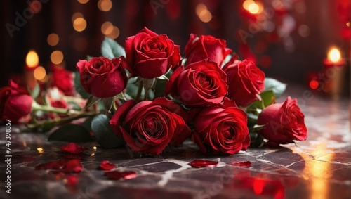 An elegant display of red roses laying on a reflective surface  illuminated by gentle lights