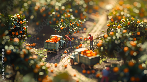 People harvesting oranges in a lush grove under a sunny landscape