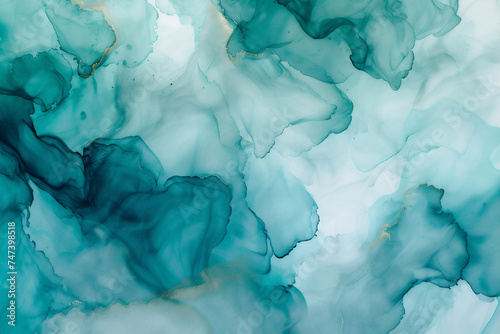 Alcohol ink marble texture. Aquamarine and blue abstract background. Template pattern for banner, poster design. Fluid art painting.