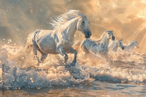 White Horses Herd in Wild, Running Stallion by Seaside, Beautiful Grey Horse, Sun Rays, Copy Space © artemstepanov
