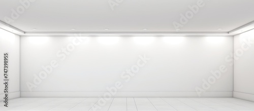 An empty white room with a blank white and grey wall, illuminated by a row of electric ceiling lights.