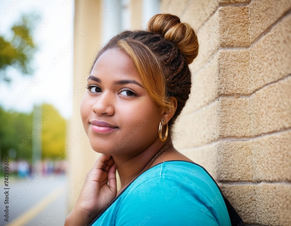 Smiling attractive african american overweight student. Outdoor portrait Smiling attractive african american overweight student. Outdoor portrait