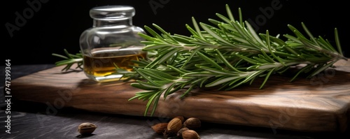 Fresh rosemary placed on a wooden board on a dark background.