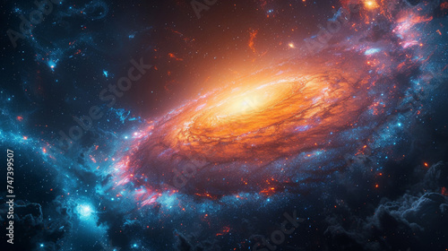 A hypnotic view of a spinning galaxy with dynamic star trails in vibrant hues of pink orange and blue.