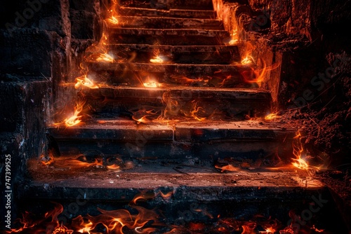 Steps to Hell, Fire Stairway, Halloween Party Entrance, Flame Inferno Steps Road to Hell, Copy Space