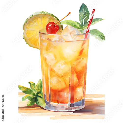 A watercolor illustration of a refreshing cocktail on a transparent background, complete with ice cubes, a slice of lemon, a maraschino cherry, a striped straw, and a sprig of mint