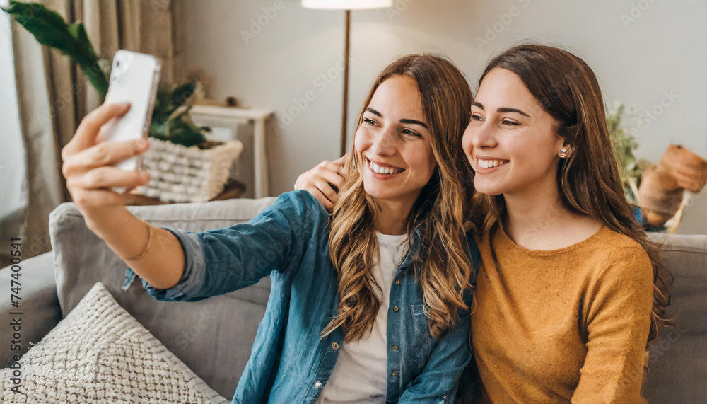 Two female friends sitting at home on their sofa taking a selfie; two happy friends smiling; two sisters portrait Two female friends sitting at home on their sofa taking a selfie; two happy friends smiling; two sisters portrait