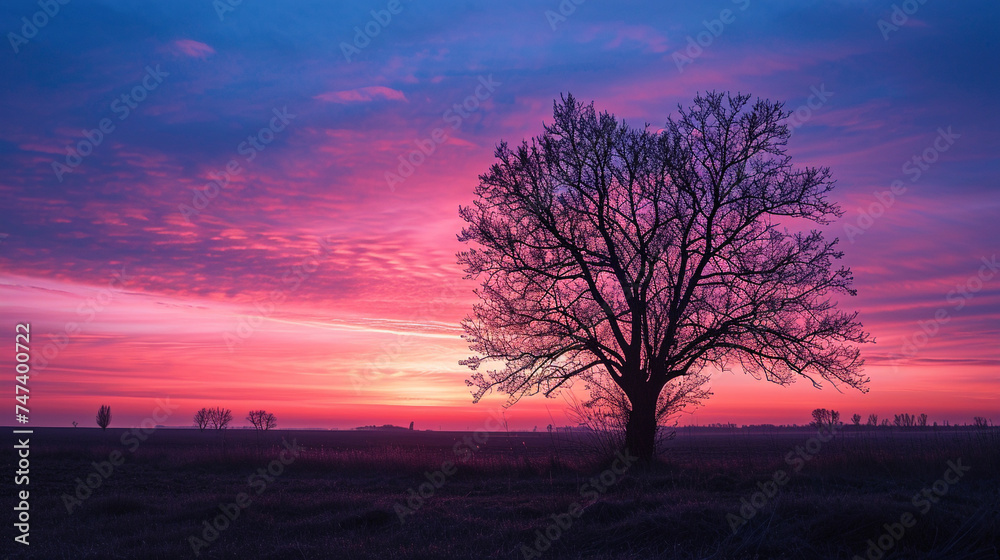 Silhouette of lonely tree in dramatic sunset - obrazy, fototapety, plakaty 