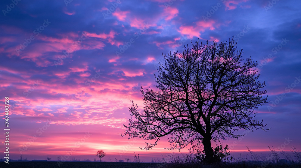 Fototapeta premium Silhouette of lonely tree in dramatic sunset
