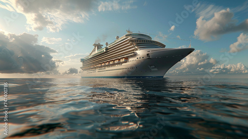 Luxury Cruise Ship. Beautiful Seascape Sunset Background. Romantic and Luxury Travel Concept.