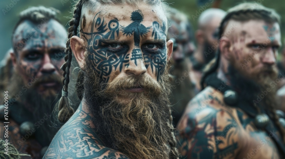 A group of Viking Berserkers stand together their faces painted with intricate designs and their bodies covered in tattoos showcasing their fearsome dedication to their warrior A group of Viking Berserkers stand together their faces painted with intricate designs and their bodies covered in tattoos showcasing their fearsome dedication to their warrior