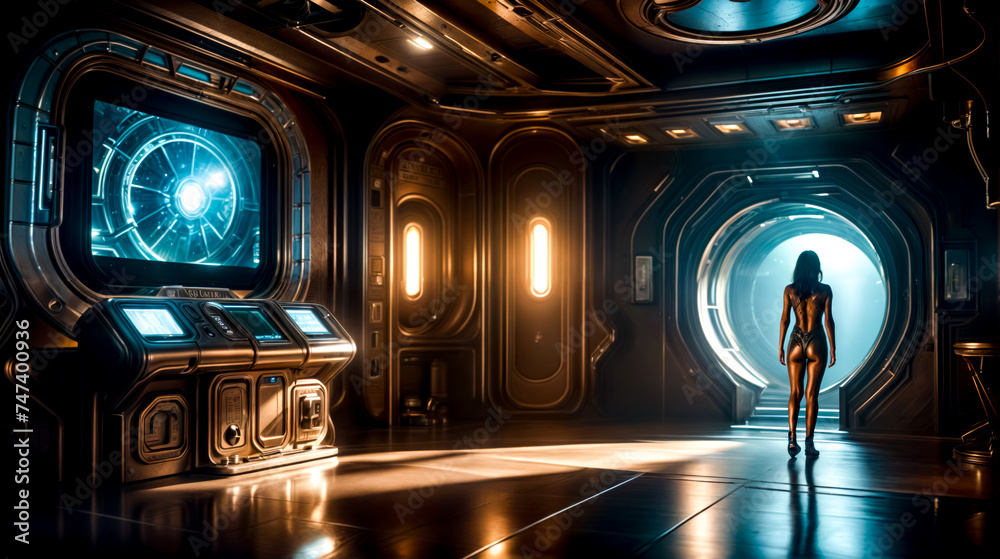 Sci - fi room with large window and large clock on the wall Sci - fi room with large window and large clock on the wall