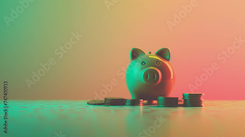 piggy bank and coins with green and red abstract background, saving or investing for financial freedom, money management and diversification