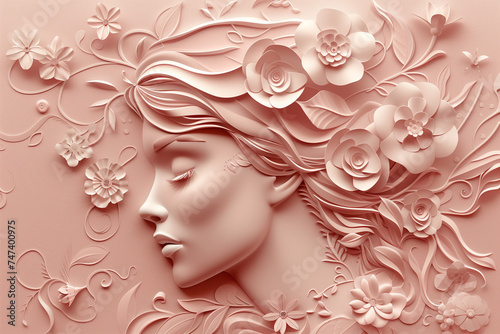 Elegant paper art style, profile of a woman with floral decorations, soft pink hues with 3D effect, an artistic and sophisticated representation of women's grace for International Women's Day photo