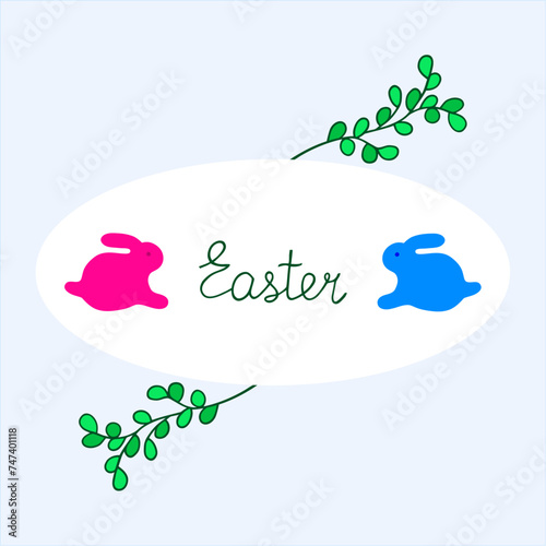 Bright illustration with rabbits. Postcard. Easter.