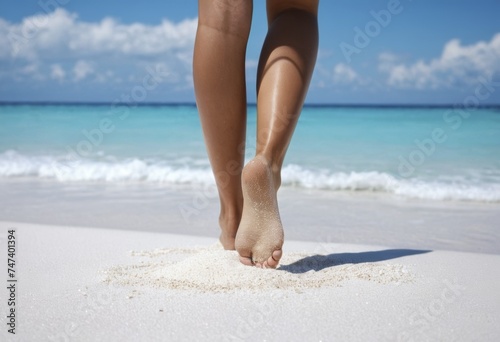 Female legs on sea beach with white sand